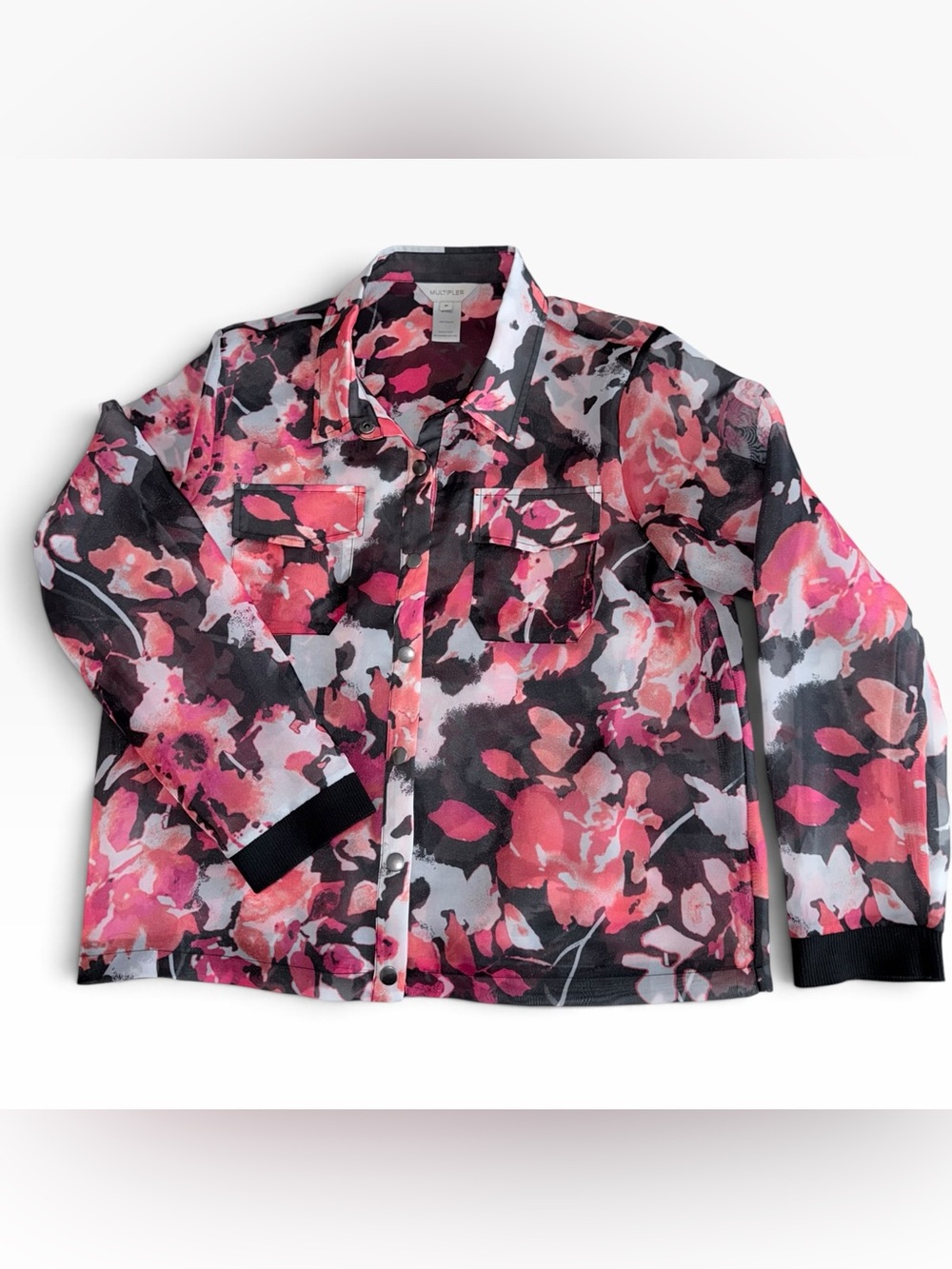 Multiples Sheer Floral Button-Front Shirt Jacket - Pink & Black